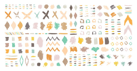 Obraz premium Grunge design elements set. Grunge shapes collection for patterns or backdrops. Paint stains and brush strokes. Tribal ethnic style. Grungy ink spots and drops.