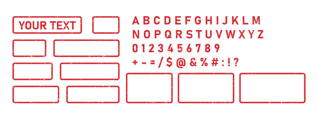 Rubber grunge stamps and letters. Vintage rubber rectangular stamp designer. Red frames and font, alphabet, numbers. Grunge vintage square seal label. Vector illustration isolated on white background. - obrazy, fototapety, plakaty