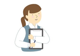クリップボードを抱えて話す制服を着た事務の若い女性　春秋