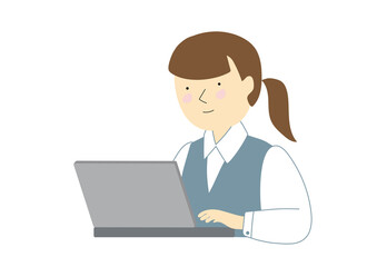 ノートパソコンを使う制服を着た事務の若い女性　春秋