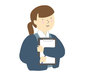クリップボードを抱えて話す制服を着た事務の若い女性　秋冬