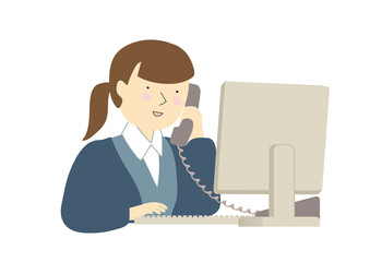 キーボードを打ちながら電話で話す制服を着た事務の若い女性　秋冬