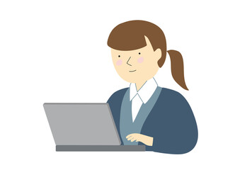 ノートパソコンを使う制服を着た事務の若い女性　秋冬