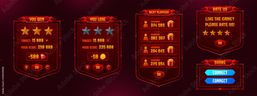 Poster game menu interface ui elements, settings and boards. you win and lose, best player, rate us frames.