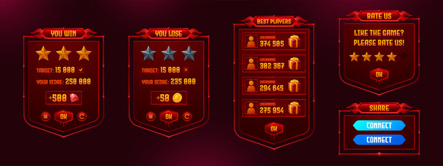 Game menu interface ui elements, settings and boards. You win and lose, best player, rate us frames. Gui user panel with buttons, red glowing design with user information and rewards, Vector graphics