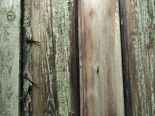 Old wooden planks with paint residues and rusty nails, background, texture