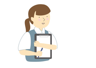 クリップボードを抱えて話す制服を着た事務の若い女性　夏