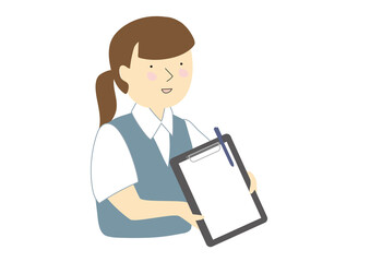 クリップボードを差し出す制服を着た事務の若い女性　夏