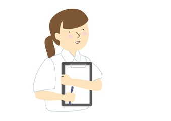 クリップボードを抱えて話す半袖の医療従事女性職員　夏