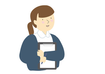 クリップボードを抱えて話す医療従事女性職員　秋冬