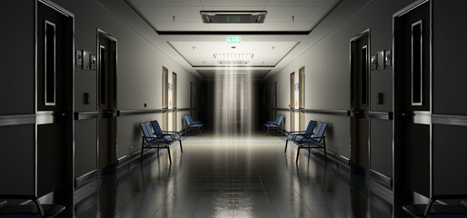 Long dark hospital corridor with rooms and seats 3D rendering. Empty accident and emergency interior with bright lights lighting the hall from the ceiling