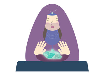 不思議な石で世界を見るベールをかぶった占い師の女性