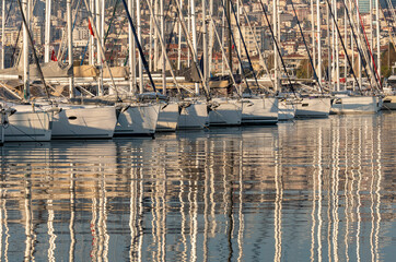 Contrasted view of marina and yachts lined up side by side, shot with selective focus.