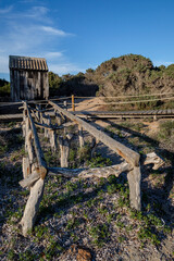 Migjorn beach, Racó Fondo boathouse huts , Formentera, Pitiusas Islands, Balearic Community, Spain