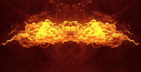 Ink color blend. Paint water explosion. Transition reveal effect. Fire orange fluid splash on dark...