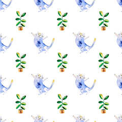 Seamless pattern with watercolor illustration of spotted cat with ficus.
