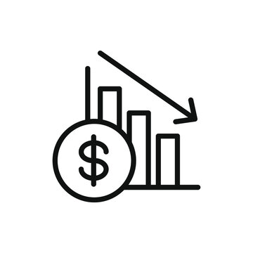 Dollar value crashed. Currency crisis. Financial decrease, inflation icon line style isolated on white background. Vector illustration