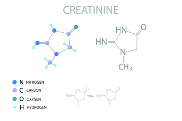 Creatinine molecular skeletal 3D chemical formula.	