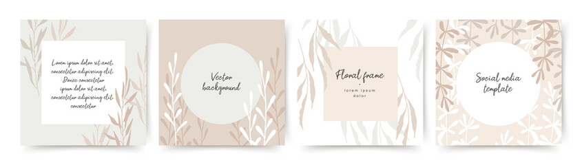 Pastel neutral background with   copy space for text and flower elements. Editable vector frame for social media post, banner, card, cover, invitation, poster, mobile apps, web ads, presentation
