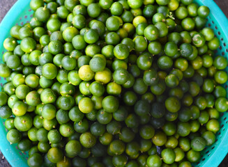 Many little lime fruits in Vietnamese market Vinh Hai