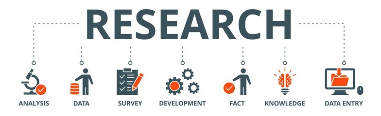 Research banner web icon vector illustration concept with icon of analysis, data, survey, development, fact, knowledge and data entry