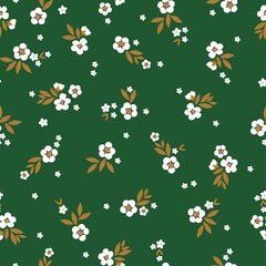 Simple vintage pattern. White flowers, golden leaves. Green background. Fashionable print for textiles and wallpaper.