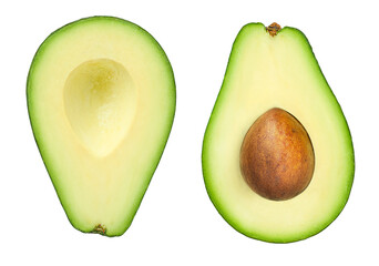 avocado cut in half on a white isolated background - obrazy, fototapety, plakaty
