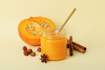 Concept of tasty food, pumpkin jam, close up