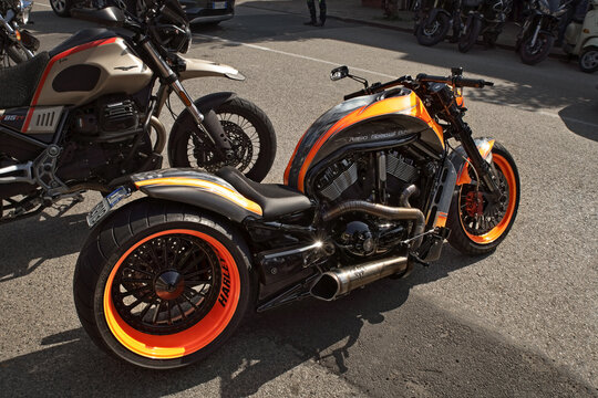 Harley Davidson bobber special custom bike with a wide back tire in motorcycle rally Mototagliatella in Predappio, FC, Italy, on May 15, 2022