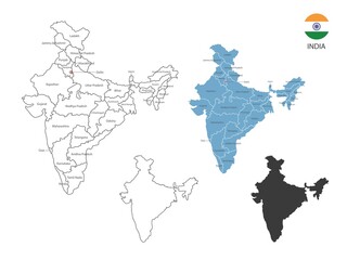 4 style of India map vector illustration have all province and mark the capital city of India. By thin black outline simplicity style and dark shadow style. Isolated on white background.