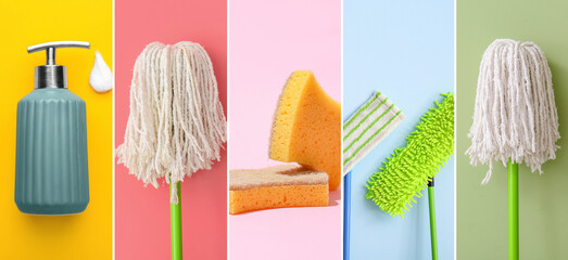 Collage with different cleaning supplies on colorful background