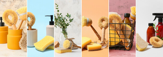 Collage with sets of different cleaning supplies