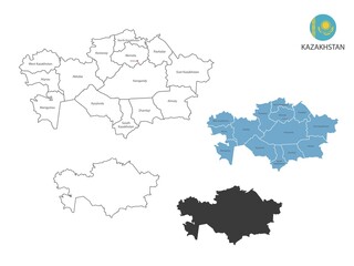4 style of Kazakhstan map vector illustration have all province and mark the capital city of Kazakhstan. By thin black outline simplicity style and dark shadow style. Isolated on white background.