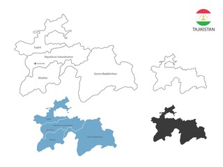 Fototapeta premium 4 style of Tajikistan map vector illustration have all province and mark the capital city of Tajikistan. By thin black outline simplicity style and dark shadow style. Isolated on white background.