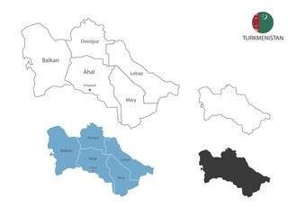 4 style of Turkmenistan map vector illustration have all province and mark the capital city of Turkmenistan. By thin black outline simplicity style and dark shadow style. Isolated on white background.