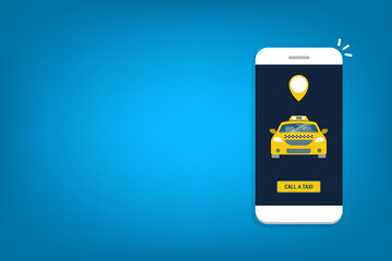 Naklejka premium Taxi online service on mobile application with yellow taxicab and location. Get a taxi. Concept for order taxi service. 
