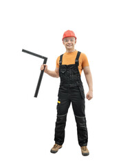 worker handyman repairman or builder with construction angular ruler