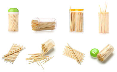 Set of wooden toothpicks on white background