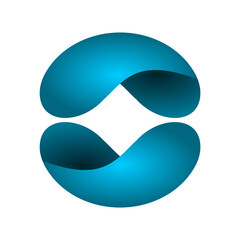 Shiny blue sphere logo template. Modern water wavy symbol. Two glossy halves of a globe. Rounded volume design element. Two water drop hemispheres make a circle. Vector illustration, flat, clip art.