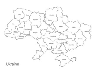 Outline map of Ukraine with regions on white 