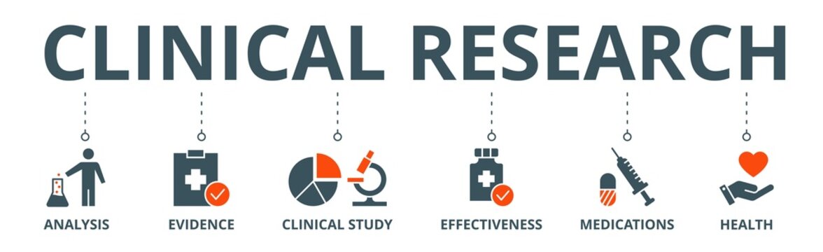 Clinical Research Banner Web Icon Vector Illustration Concept With Icon Of Analysis, Evidence, Clinical Study, Effectiveness, Medications And Health