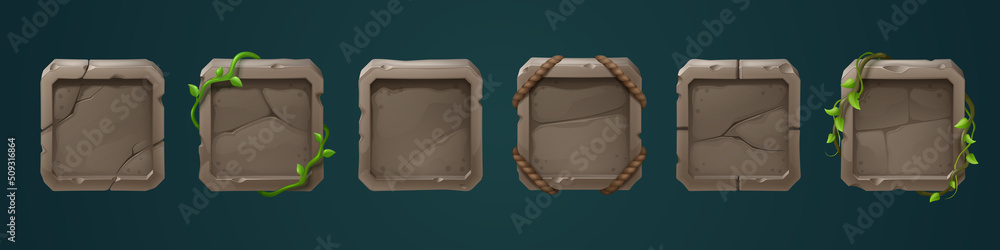 Poster stone frames for game user avatar. vector cartoon set of empty square rock boards with jungle vines 