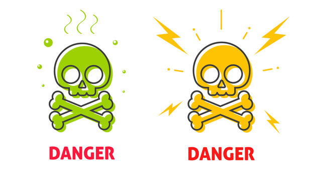 Danger skull hazard icon vector for mortal toxic and death chemical warning biohazard areas, safety electric shock death zone signage skeleton line outline art illustration image