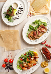 Overhead view of food on wooden table