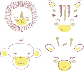 Cute animal face icons drawing