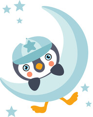 Cute baby boy penguin hanging on moon