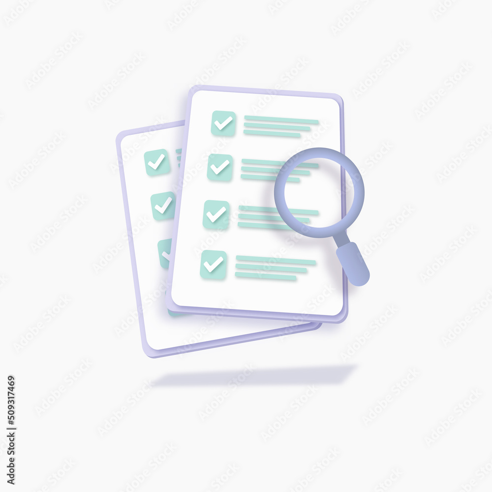 Aufkleber successfully complete business assignments concept with checklist on clipboard 3d. magnifying glass 