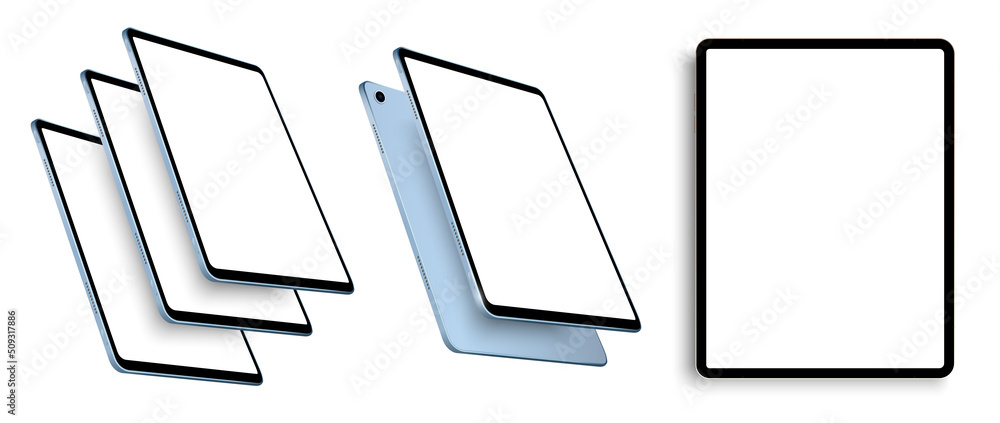 Poster a modern tablet in various positions isolated on a white background. layout, tablet template for you