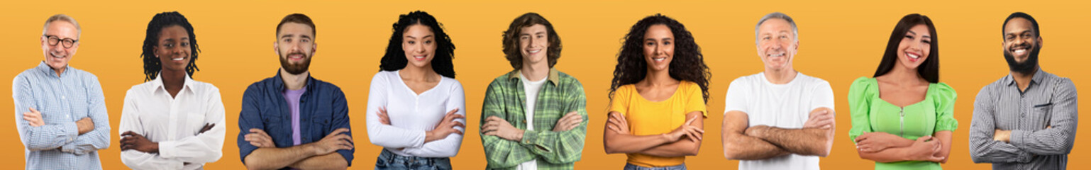 International group of people posing on yellow background, panorama