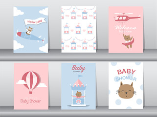 Set of baby shower invitation cards,happy birthday,poster,template,greeting,cute,cat,animal,Vector illustrations.
